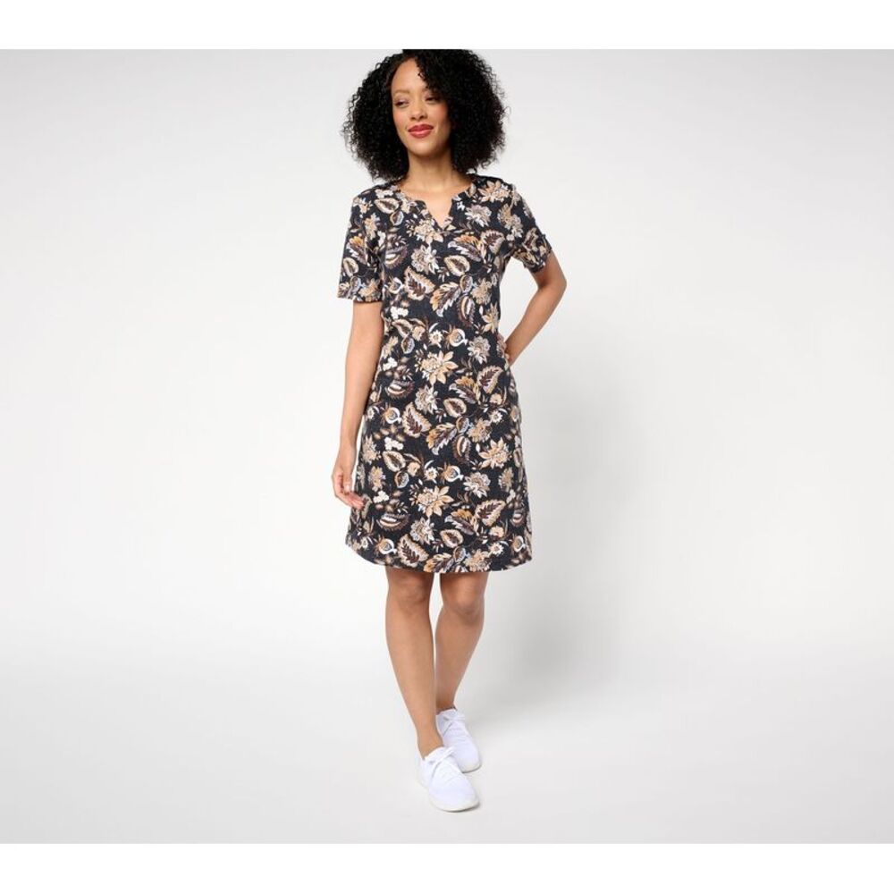 Denim & Co. Women's Petite Dress PL Active French Terry Split Neck Black A694592